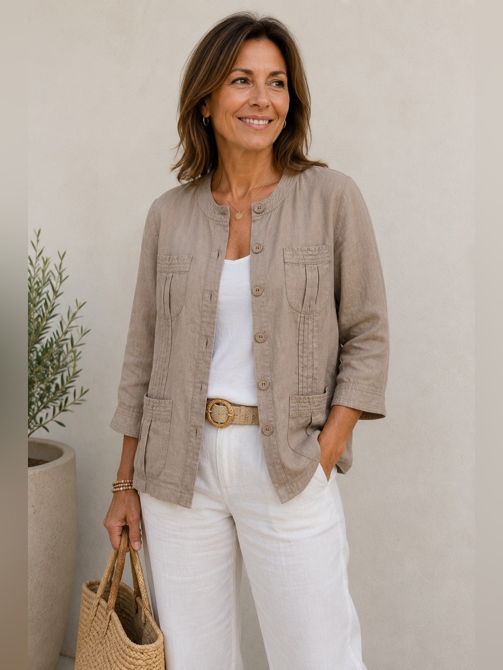 Freda 100% Linen Utility Jacket Taupe Safari Blazer Button Front Pockets SZ 6/8